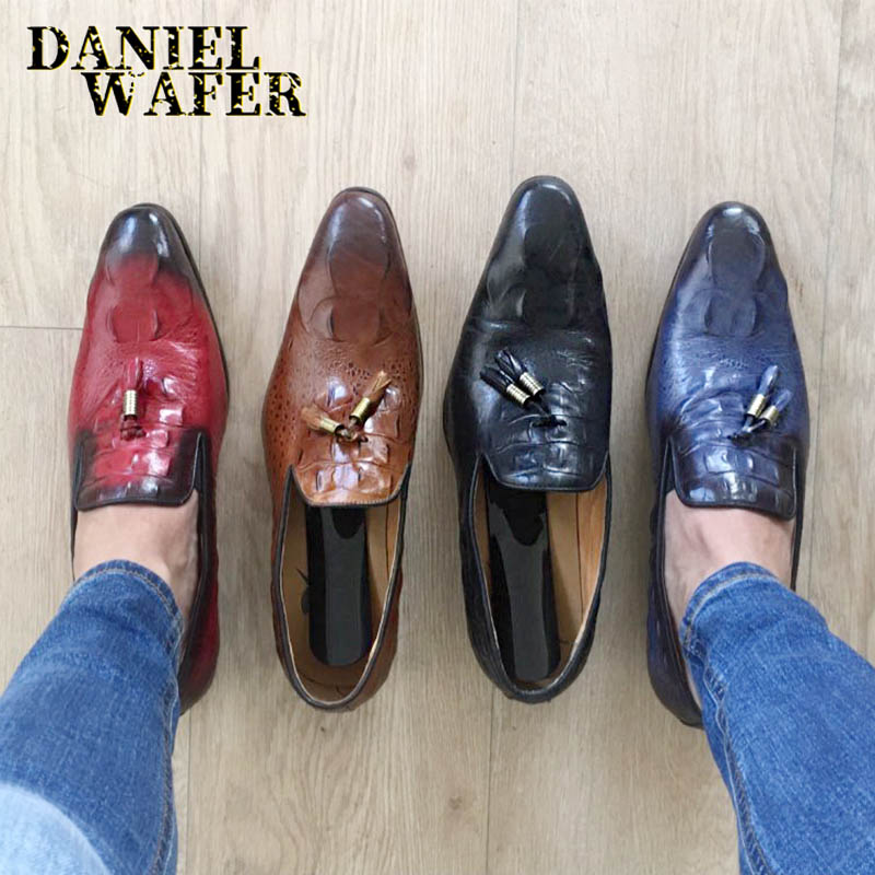 

Luxury Men Dress Causal Shoes Genuine Leather Brand Crocodile Prints Tassels Loafers Slip on Office Wedding Men's Formal Shoes