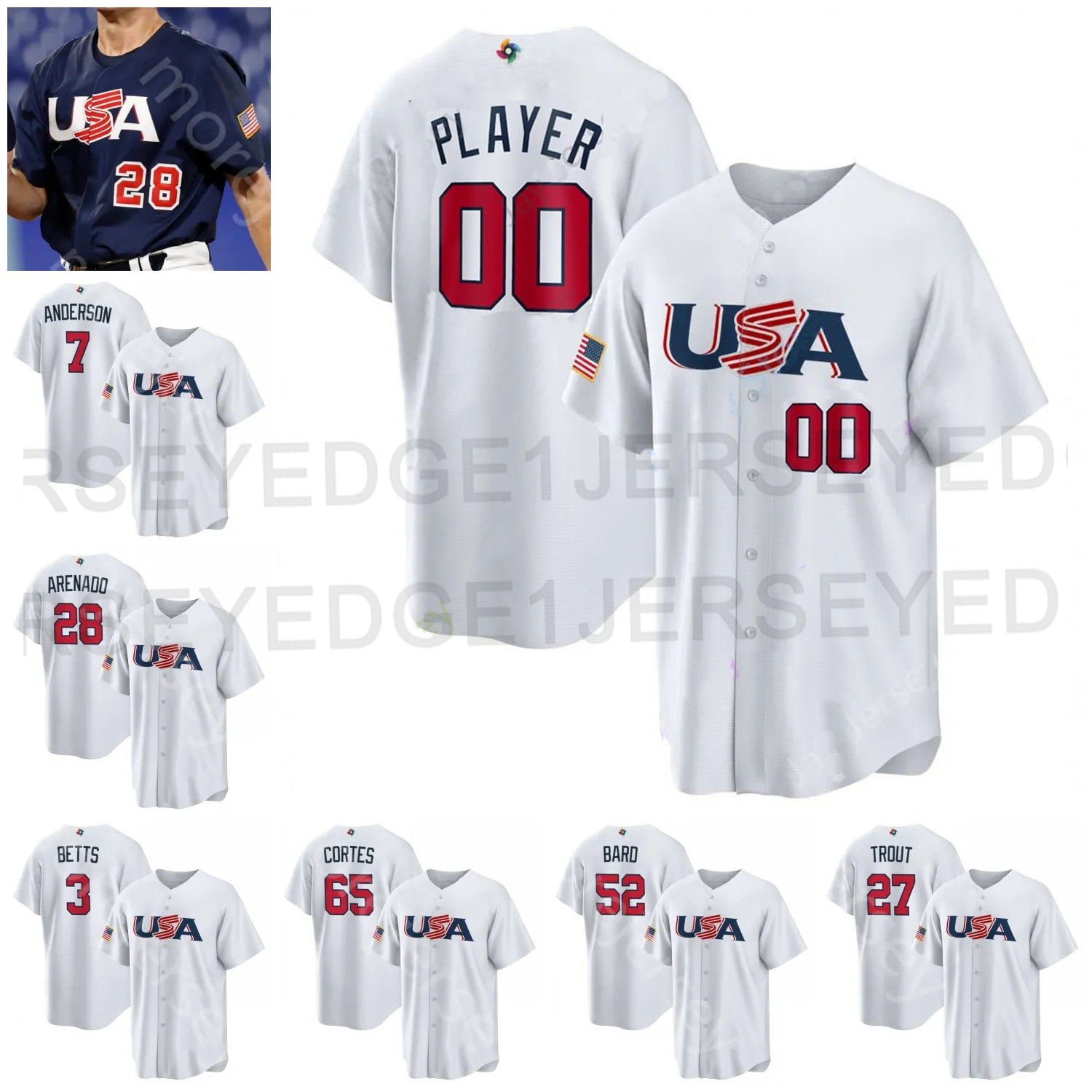 

2023 World Baseball Classic WBC Team USA Jersey Ottavino Bard Williams Brady Singer Pressly Kendall Graveman Kyle Higashioka Lance Lynn Brooks Raley Jeff McNeil Men, 2023 white