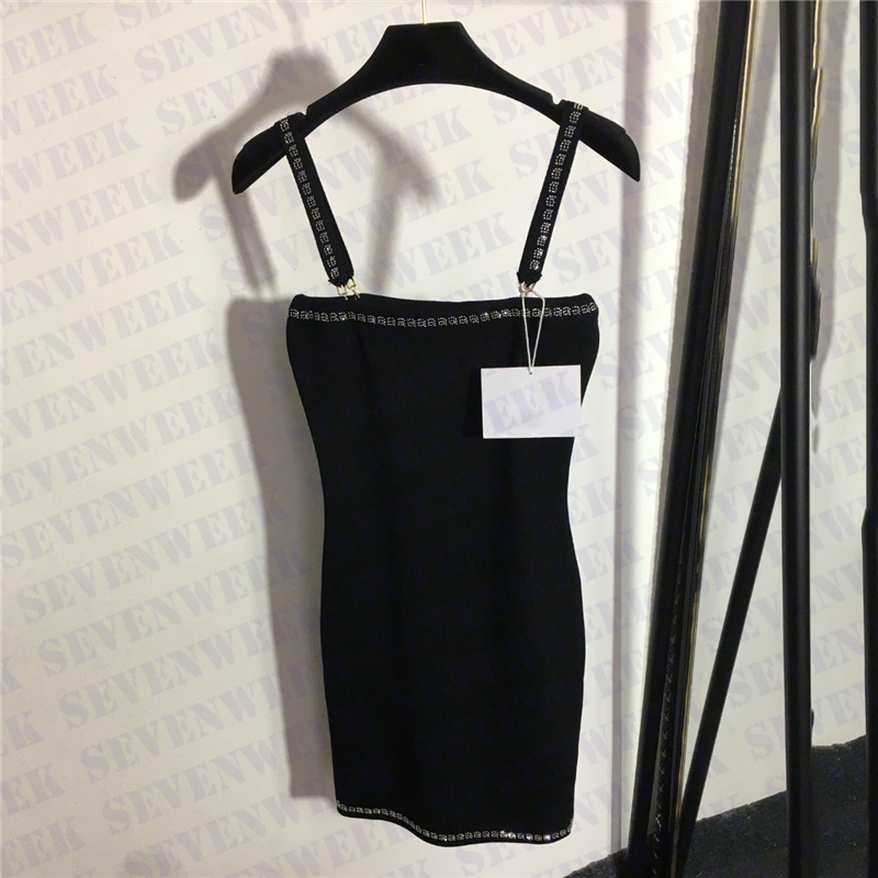 

Women Sexy Knitted Suspender Dresses Rhinestone Letter Slim Short Skirts For Vacation Charm Lady Sling Dress Clothes, Black