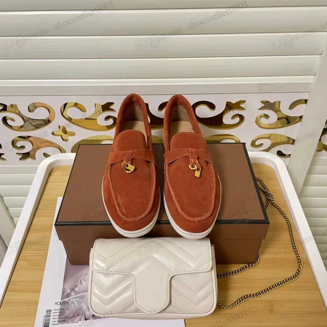 

summer Loro Piana casual shoe Charms embellished Walk suede loafers shoes Beige Genuine leather comfort slip on flats mens women Luxury Designer flat R9nT# M6KR