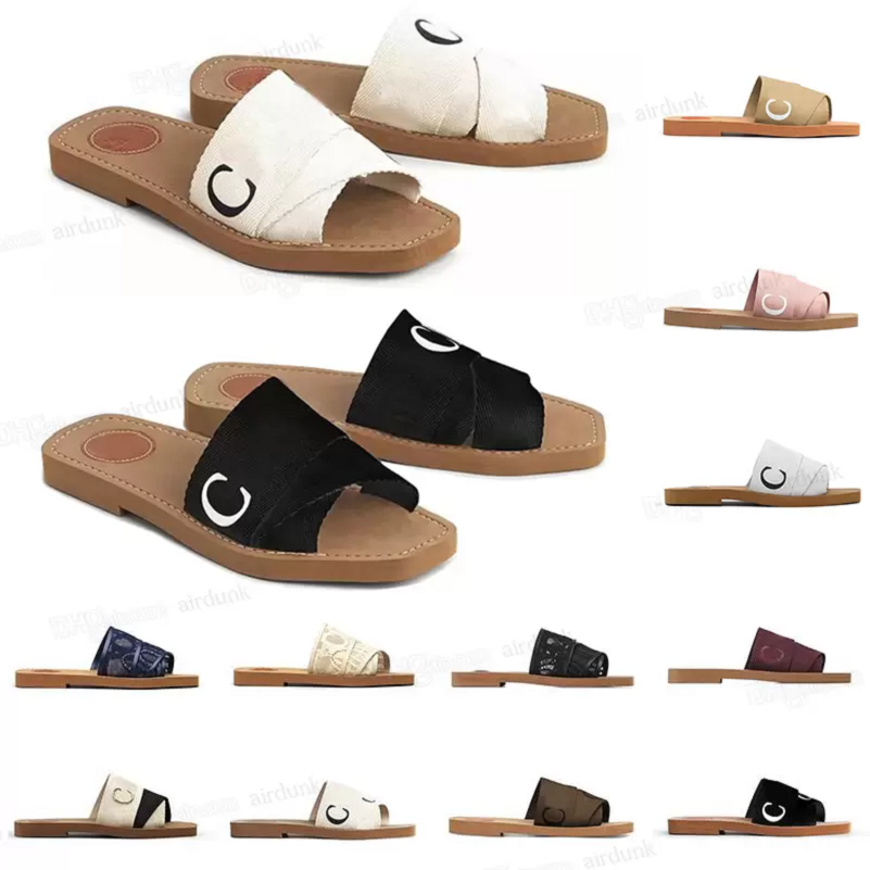 

2023 Woody Slippers Sandals Slides Sliders For Women Mules Flat Slide Light Tan Beige White Black Pink Lace Lettering Fabric Canvas Woman Slipper Slider Sandal, Color#3