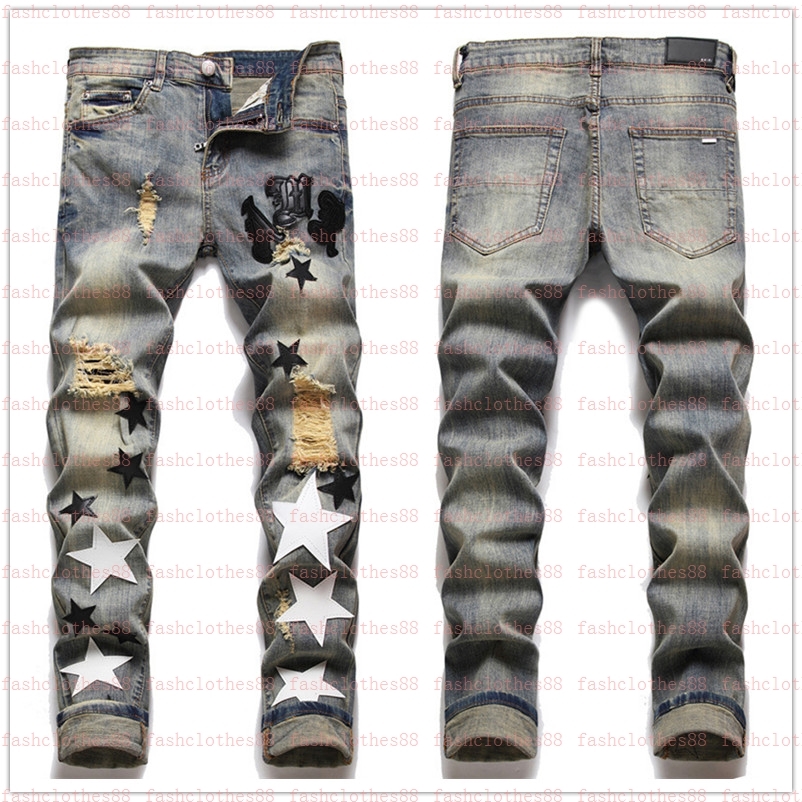 

European Jean hm Men Embroidery Patchwork Ripped For Trend Brand Motorcycle Pant Mens Skinny 2G280, Color21