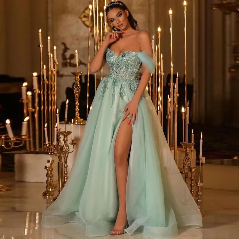 

Green Tulle Prom Dresses Chic Off the Shoulder Lace Appliques Evening Dress Holiday Ball Gown Split Prom Gowns, Yellow
