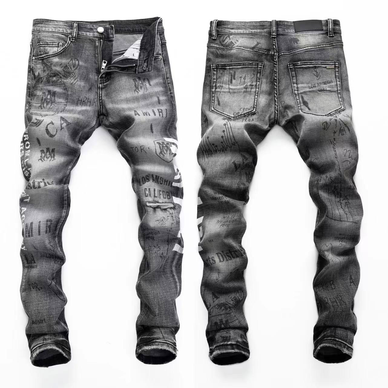 

Fit Stretch Design Denim Jeans Biker For Mens Slim Painted Patch Trim Leg Cowboy Pants Male IRO4, Amr-8366