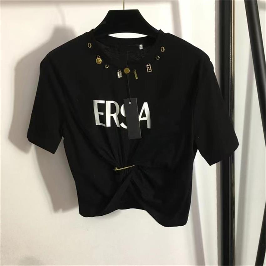 

2023 spring and summer new t-shirt graffiti letter printing metal pin short t-shirt women's top, 05
