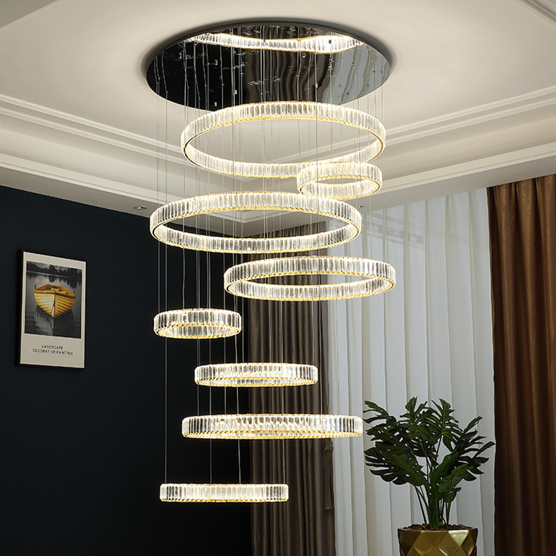 

Modern LED Crytal Ring Large Chandelier For Duplex Villa Hollow Spiral Staircase Luxury Stainless Steel Long Pendant Lamps 3 Colors Changeable Hanging Lights