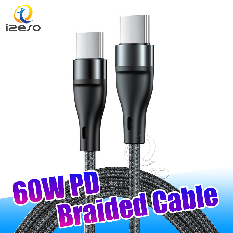 

Fast Charging Type C Cable Nylon Braided USB C-C PD 60W Cables Sync Data Line Cord for Samsung S23 Support OEM izeso, Black