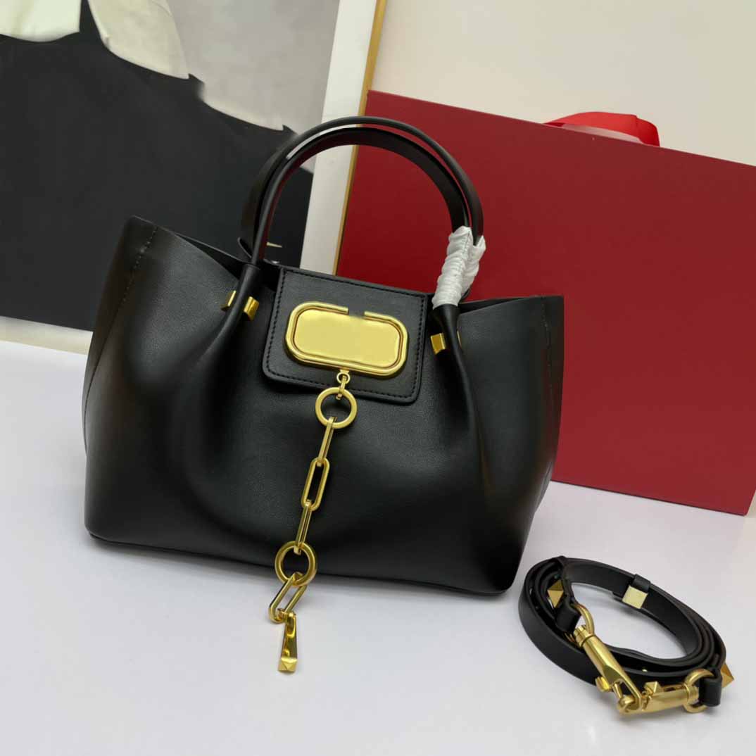 

7A Designer Totes Brand Black Handbag Calfskin Small Shopping Bag Metal Logo Chain Trim Long Strap
