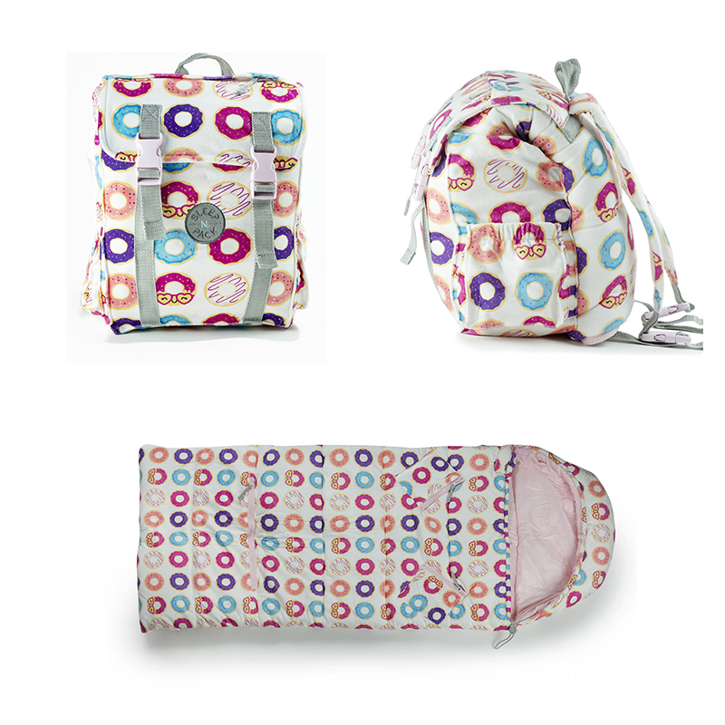 

Mimish Sleep N Pack 50 F Packable Kid s Sleeping Bag & Backpack Donuts Print