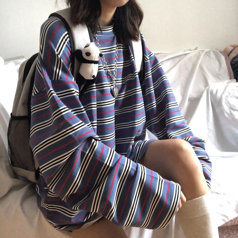

Women's T Shirts Harajuku Loose T-Shirts For Women Spring Autumn Female T-shirt Casual O-Neck Stripe Long Sleeve Oversized Top Hip Hop, Xian 2261