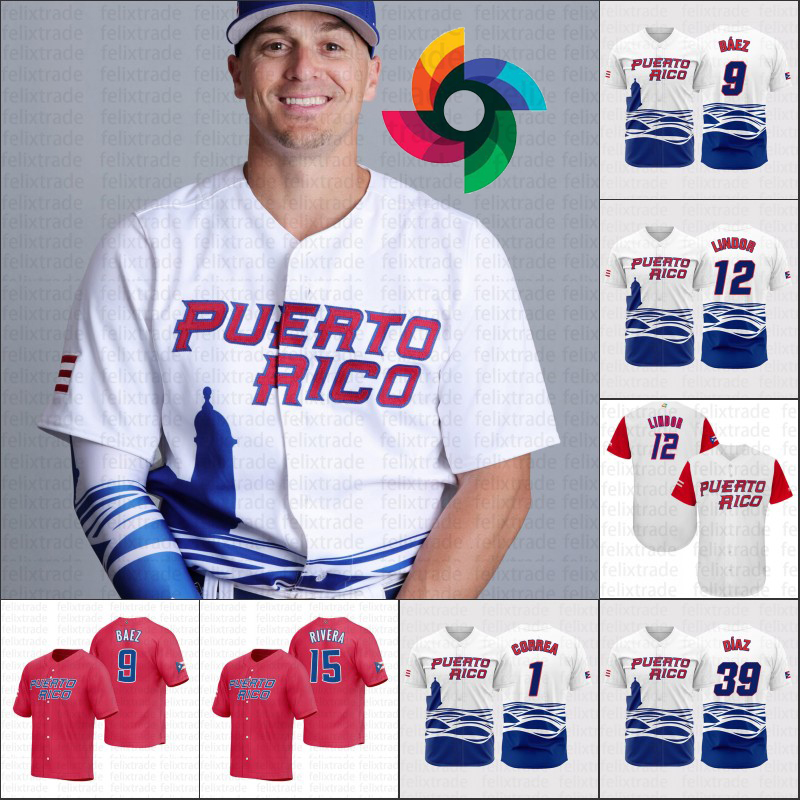 

Javier Baez Puerto Rico 2023 WBC Jersey World Classic Baseball jerseys Yadier Molina Francisco Lindor Marcus Stroman Martin Maldonado Carlos Correa Vimael Machin, White cool base youth s-xl