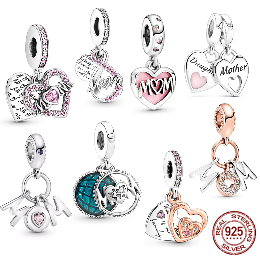 

Fit Pandora beads 925 silver charm women jewelry Mom Letters Heart Double Dangle