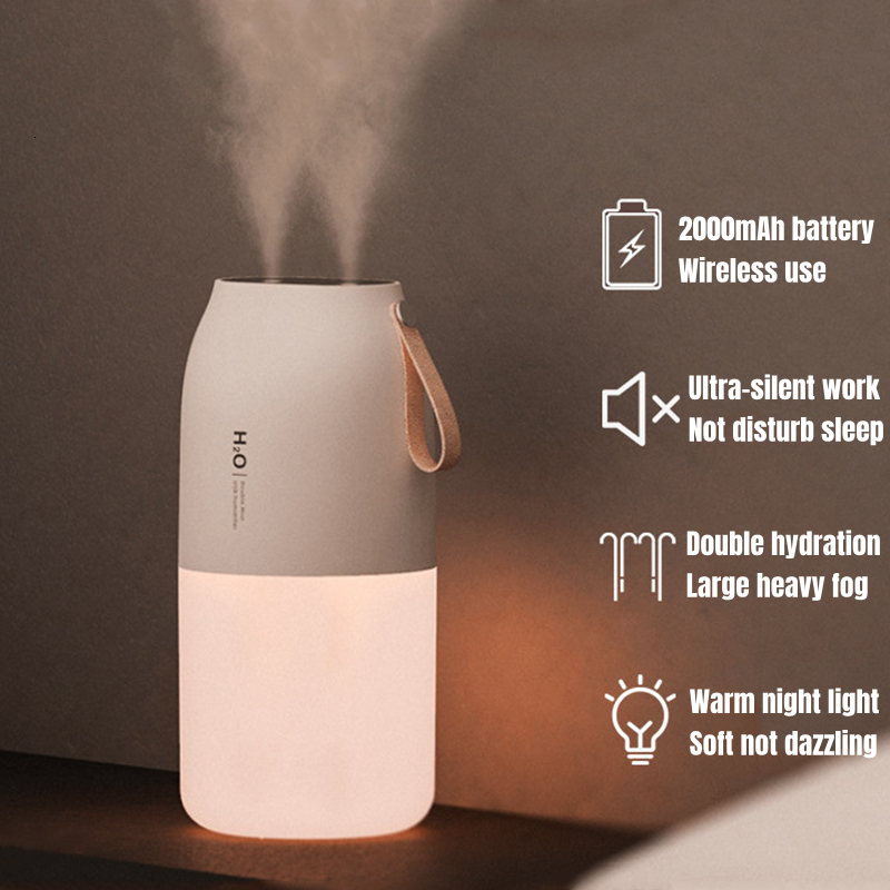 

Humidifiers 300ml Dual Sprayer Air Humidifier 2000mAh USB Rechargeable Battery Wireless Aroma Mist Maker Fogger Diffuser Light Umidificador 230314
