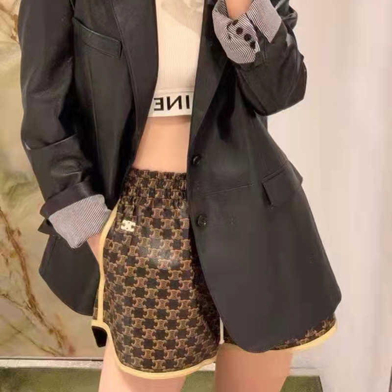 

Womens Shorts Cell Line Short Tousers Triumphal Arch Printed Elastic Lace High Waist Sheepskin Sports Color Straight Leather Pants Fash NS95, Beige