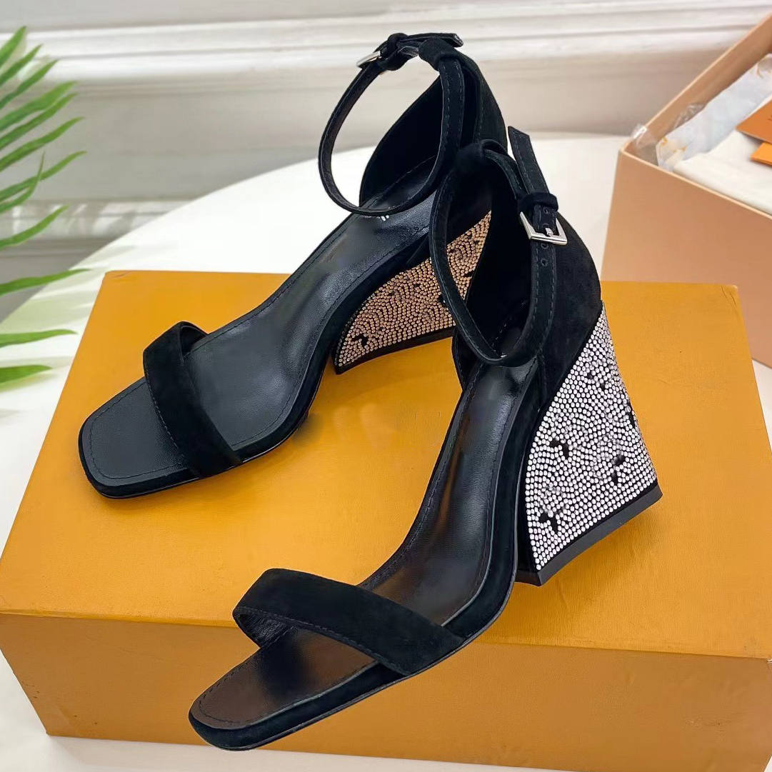 

Comfortable sandals for women 8.5cm crystal slope heel with open toe designer slippers fashion party buckle ankle strap casual square toe factory shoes, Black