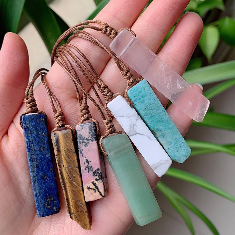 

Natural Stone Pendant Raw Mineral Irregular Rectangle Quartz Pendulum Amazonite Tiger Eye Lapsi Crystals Brown Adjustable Rope Necklaces Healing