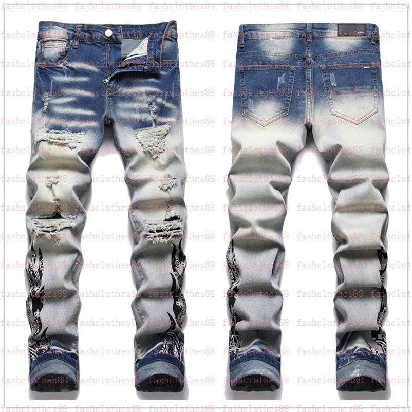 

European Jean hm Men Embroidery Patchwork Ripped For Trend Brand Motorcycle Pant Mens Skinny 1N1QY, Color11