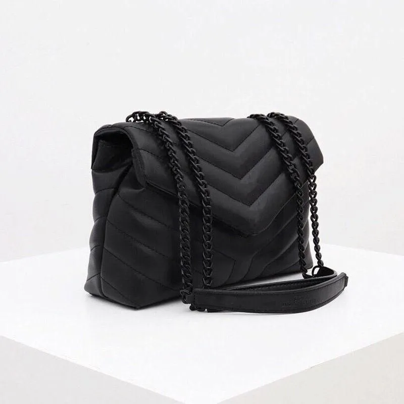 

2023 Luxury Handbag Shoulder Bag Brand LOULOU Y-Shaped Designer Seam Leather Ladies Metal Chain Black Clamshell Messenger Chain Bags Box Wholesale, Black-gold;caviar