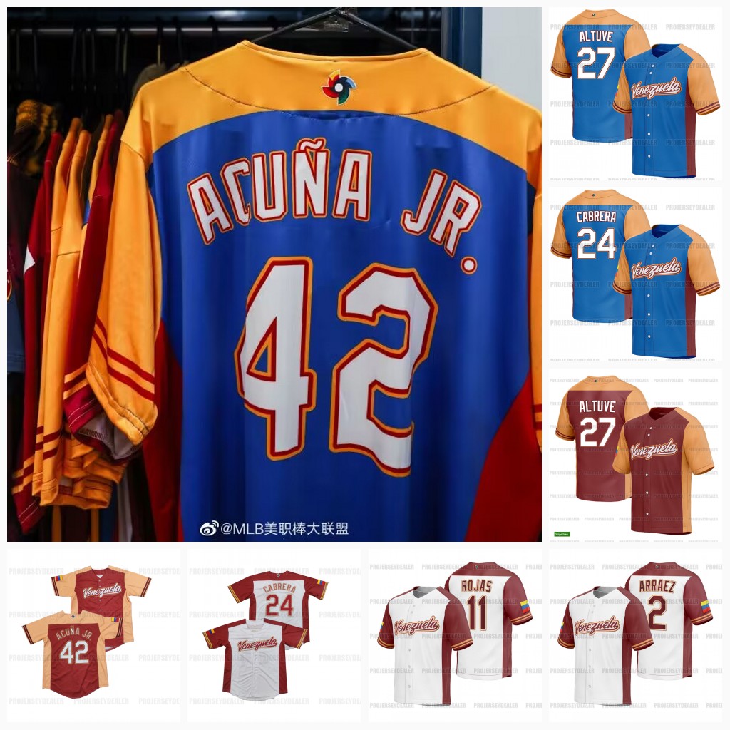 

Team Venezuela 2023 World Baseball Classic Jersey WBC Jose Altuve Ronald Acuna Jr. Miguel Cabrera Luis Arraez Miguel Rojas Gleyber Torres uniforme de Venezuela Perez, 2023 cool base blue