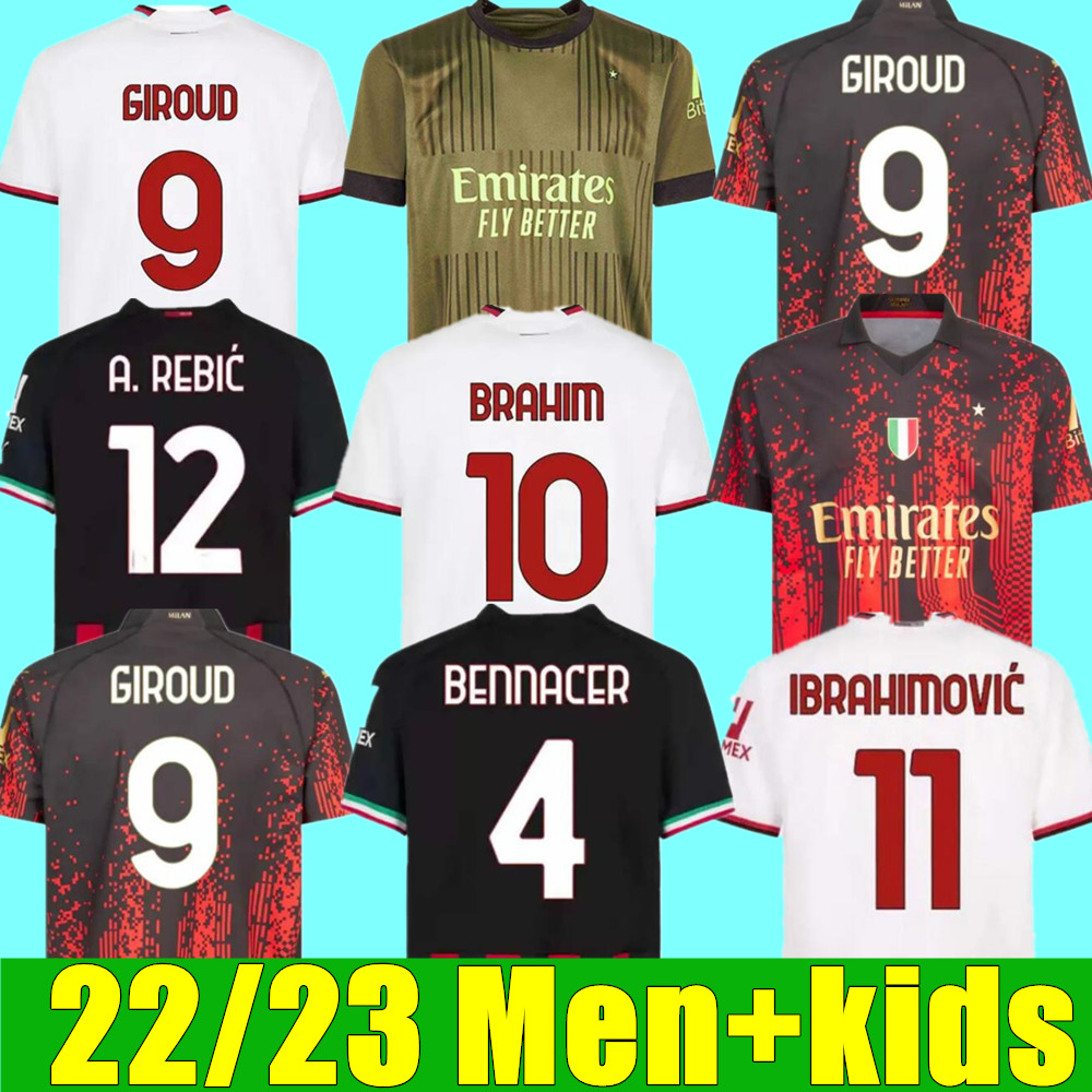 

22 23 AC MILANS Soccer Jerseys IBRAHIMOVIC GIROUD DE KETELAERE R. LEAO TONALI THEO Football Shirt Kids Kit Sets, 22/23 men fourth + patch2