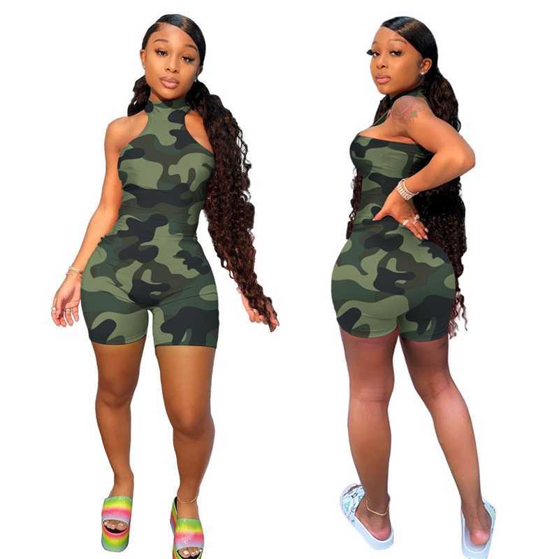 

Designer Fashion Casual Women Sexy Jumpsuits Bodysuits Camouflage Printed Zippered Shorts For Women Multicolor, Camouflage army green