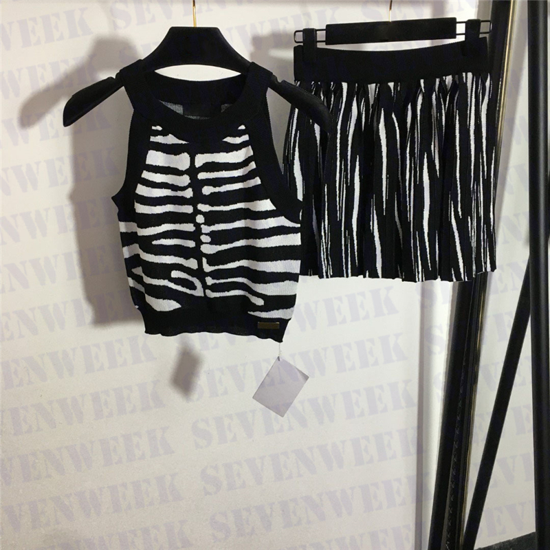 

Striped Halter Knit Vest Top Pleated Skirts Sets For Women Fashion Sexy Ladies Tanks Short Dress Two Piece, Black