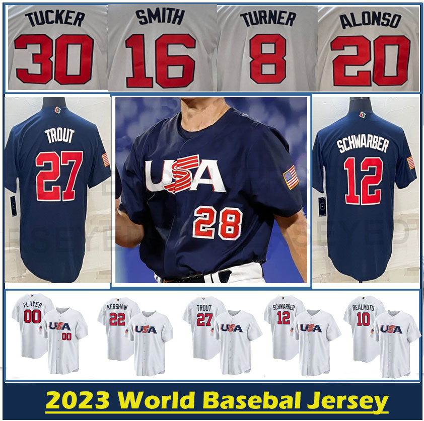 

Team USA 2023 World Baseball Classic WBC Baseball Jerseys 27 Mike Trout Nolan Arenado Pete Alonso Kyle Schwarber Tim Anderson Mookie Betts Clayton Men Women, Women blue