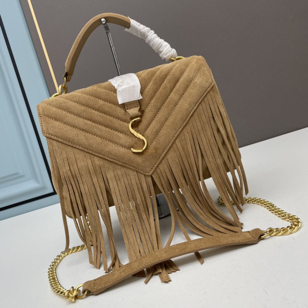 

Luxury Brand Women Nubuck Real Leather Shoulder Bag Fringe Handbag College Messenger Bags Designer tassels Chain Belt Lady High Quality Suede Crossbody Purse 2356, Purple
