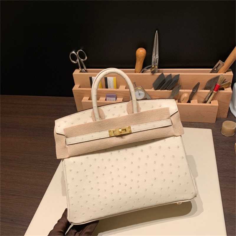 

women bags birkin Pure handmade BK25 bag rare skin South Africa ostrich skin 3C wool white parchmin with logo, Silver clasp