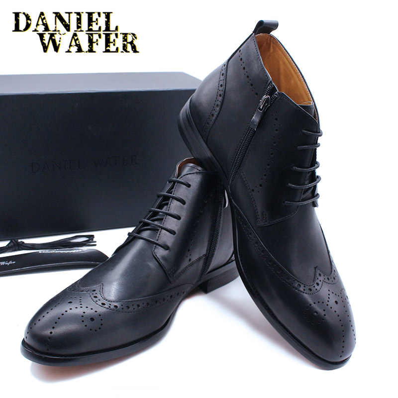 

Luxury Brand Men's Genuine Leather Ankle Boots Fashion Black Brown Wing Tip Details Brogue Lace Up Office Formal Basic Boots Men