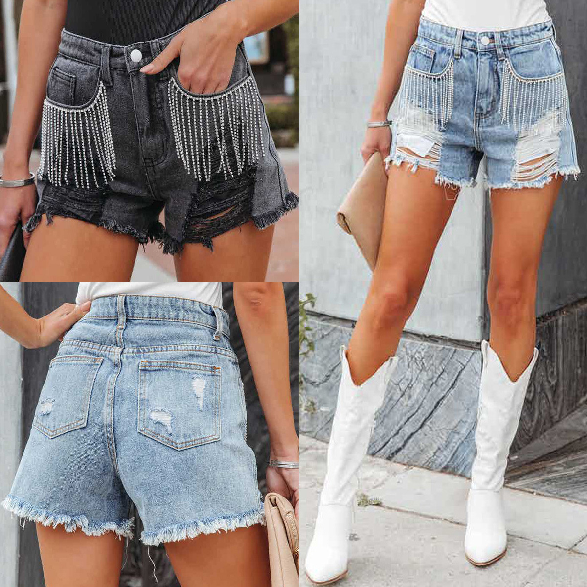 

Women Denim Shorts Mid Rise Ripped Stretchy Bling Tassel Jeans, Black