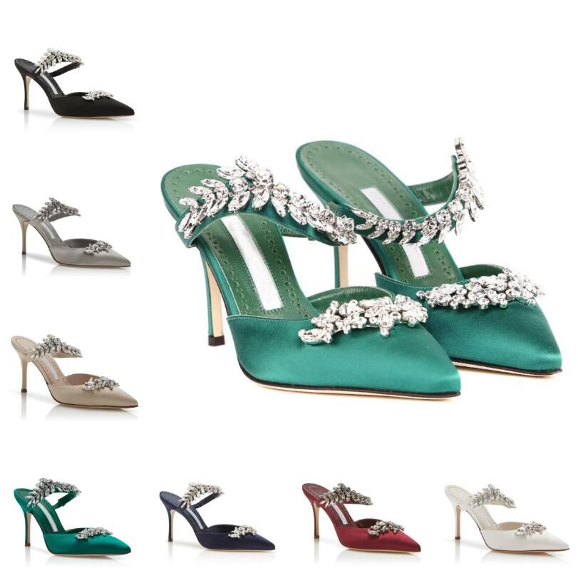 

Summer Luxury Lurum Sandals Shoes Satin Crystal Embellished Mules Stiletto High Heel Elegant Brand Wedding,Party,Dress Slippers EU35-43