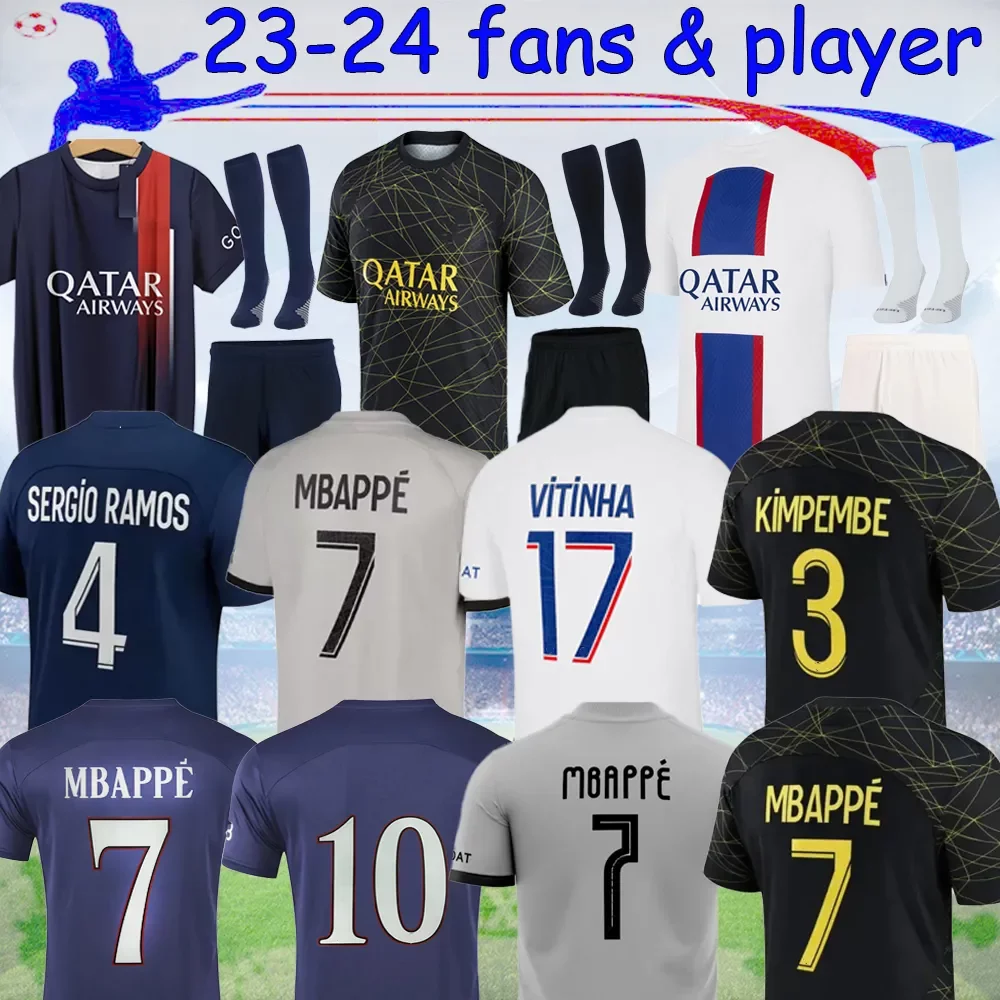 

23 24 MBAPPE HAKIMI PSgs soccer jerseys SERGIO RAMOS 2023 2024 home away Maillots de football MARQUINHOS VERRATTI third 4TH player men kids uniforms 16-4XL BBF, 23-24 home player