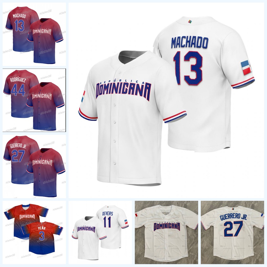 

Dominican Republic 2023 World Baseball Classic Jersey WBC Vladimir Guerrero Jr. Manny Machado Juan Soto Julio Rodriguez Willy Adames Pena Rafael Devers Nelson Cruz, 2023 white