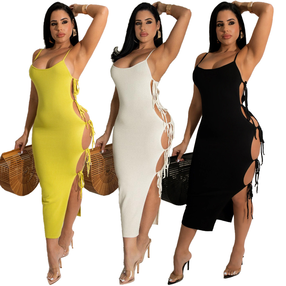 

Casual Dresses Female Summer Streetwear Cutout Hollow Tie-up Suspender Long Dress Solid Spaghetti Strap Backless Split Vestidos Bathing