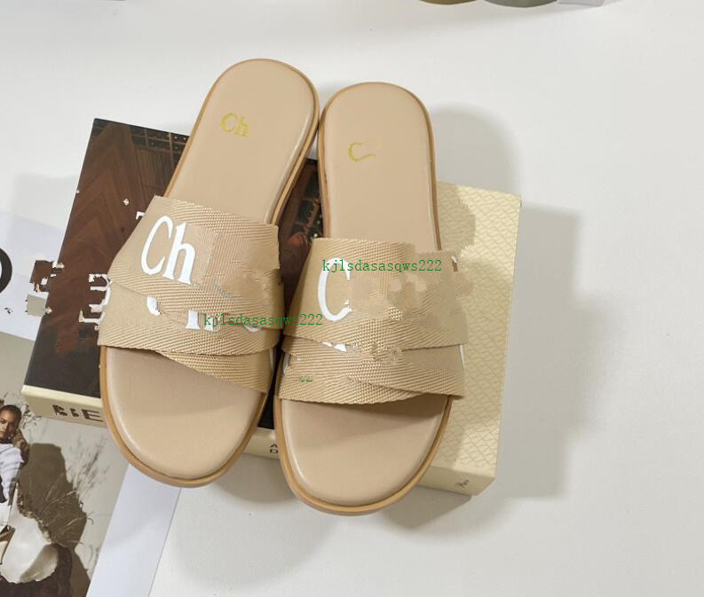 

New Cross Woven Roman Slippers woody Sandals Pearl Print Slide Summer Wide Flat Lady Canvas Sandals luxurys designers Slipper, White