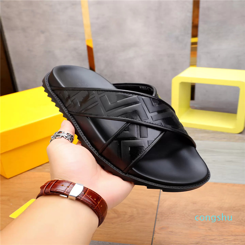 

Slides Designer Men F Fabric Leather FF Sandals Black Slippers F Letter Summer Fashion Classic Flat Man Slide Beach Sandal Top-Quality, Color 7