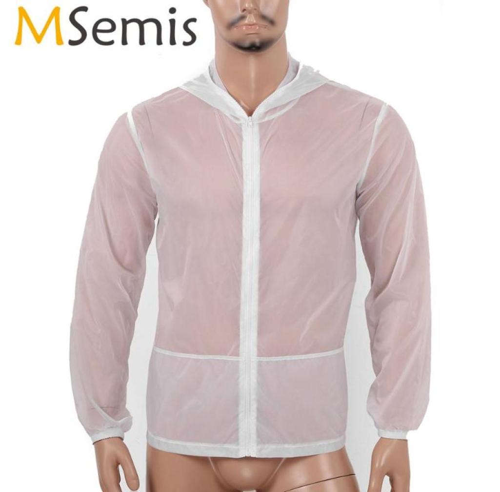 

Men Sunscreen Jacket Skin Coat Sexy UltraThin Transparent Long Sleeves Hooded Coat Breathable UV Protector Beachwear coverUP5145873, Black