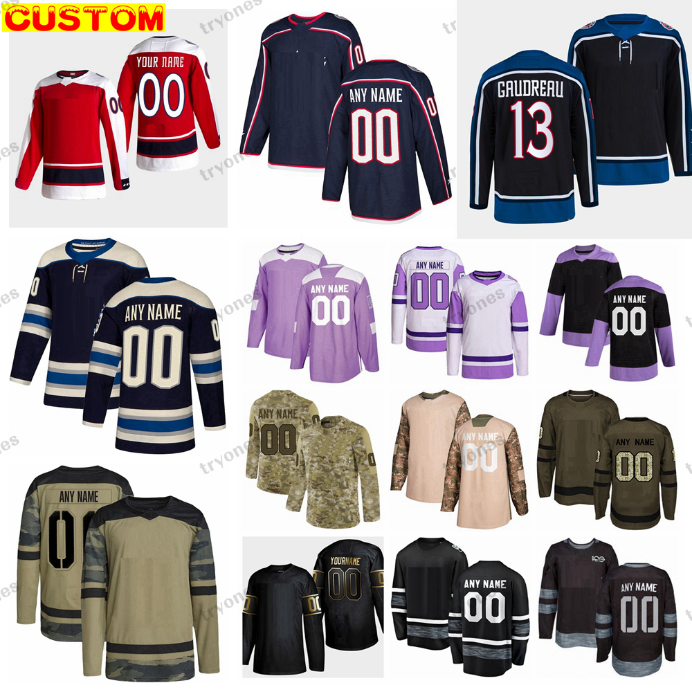 

Custom Reverse Retro 2.0 Hockey Jerseys Camo Fights Cancer Gaudreau Werenski Merzlikins Laine Boone Jenner Kuraly Marchenko Kent Johnson Gudbranson Peeke Roslovic, Blue