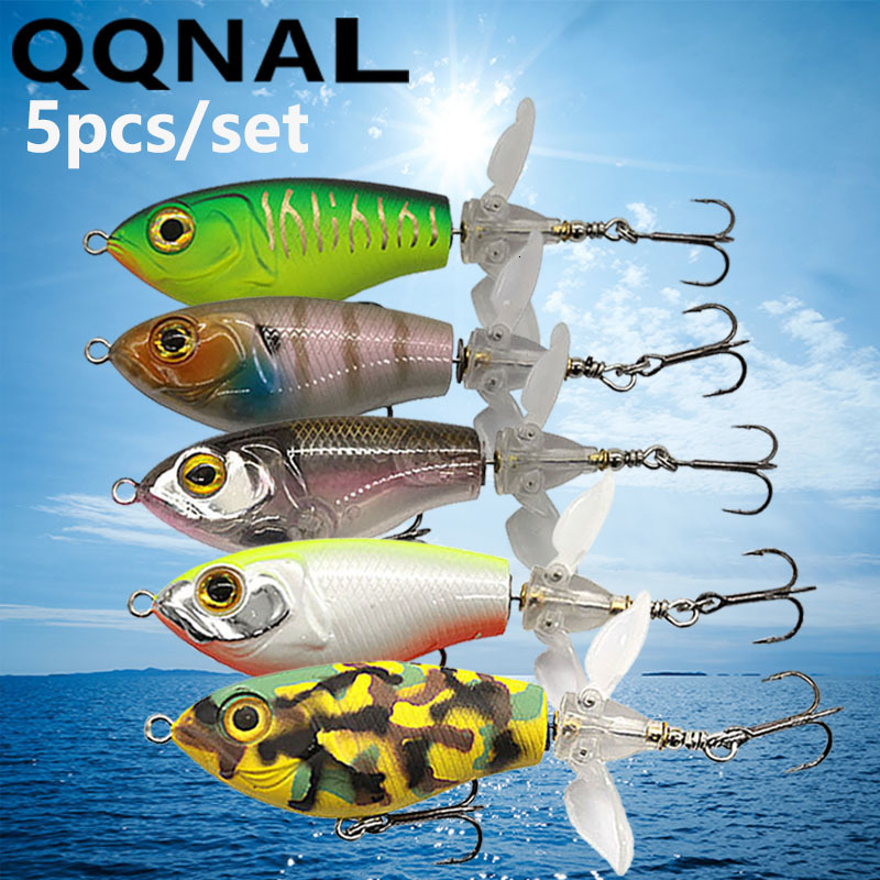 

Baits Lures QQNAL 5pcsSet 80mm 16g Fishing Lure Floating Double Propeller Soft Spinning Tail Topwater Pencil Hard Bait Rotating Tail Tackle 230314