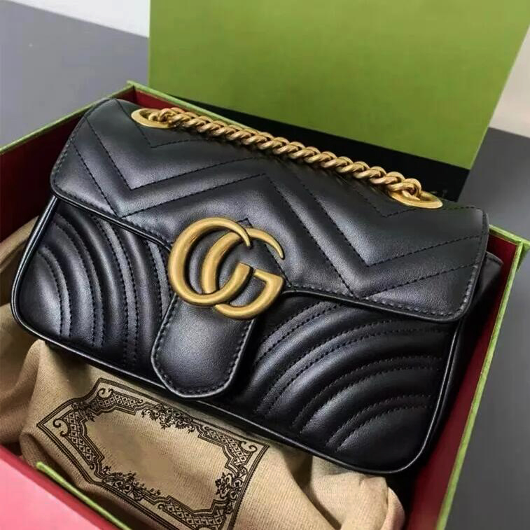 

Top Quality Famous brand women designer Shoulder bag leather chain GG bag Cross body Pure color womens handbag crossbody bag purse, Black