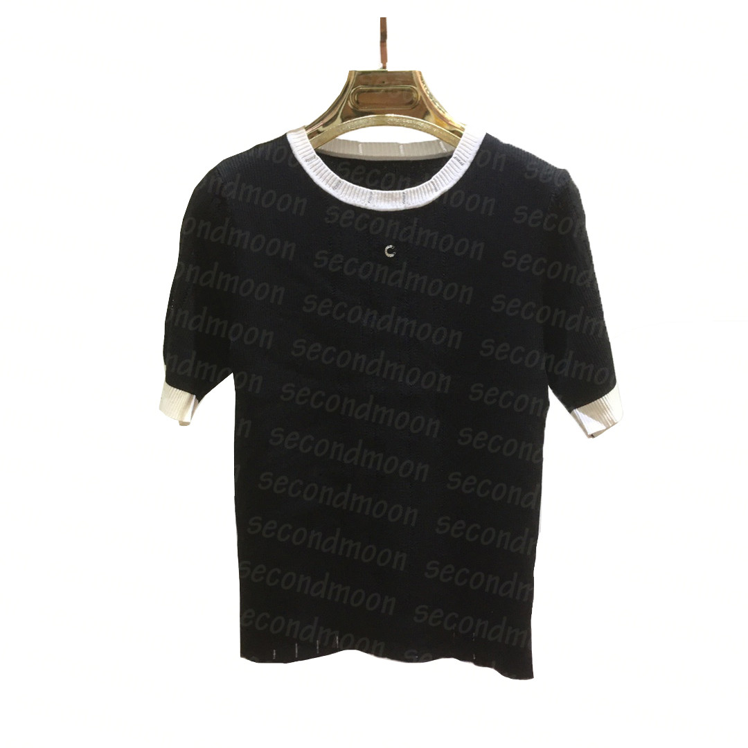 

Women Short Sleeve Tees Crew Neck Knits Tee Rhinestone Letter Knitting Tops Summer Casual Knitwear, Black