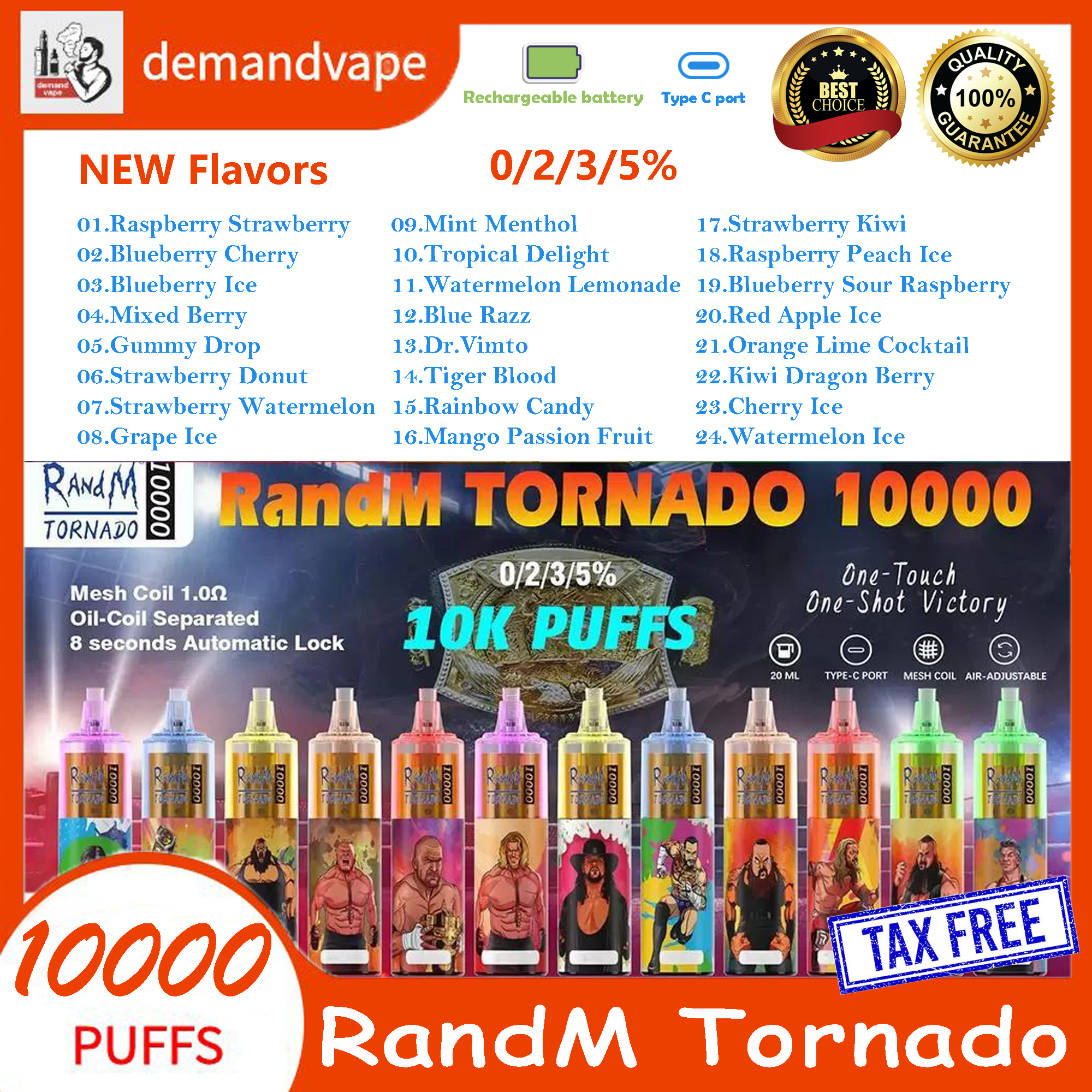 

Original RandM Tornado 10000 Puffs Disposable Vape Pen E Cigarette Rechargeable 1100mAh Battery Airflow Control Mesh Coil 20ml 10K Big Vapor Kit 2% 5% In Stock