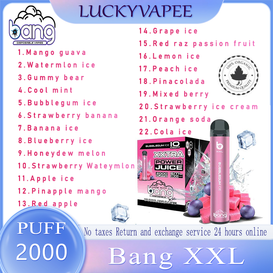 

Bang XXL 2000 Puffs Device Disposable Electronic Cigarettes Vape Pen 800mAh Battery 2% 5% 6% 20mg 50mg 60mg Pods Prefilled Vapors Kit