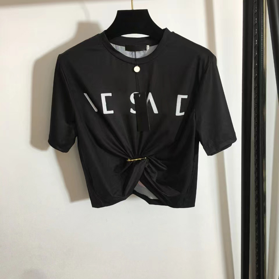 

22S Designers T-shirts Fashion T Shirts Women Chest Letter Shirt Big pins flowers printing Pin tucked waist short sleeved T-shirt Collect waist ladies Tops Tees SML