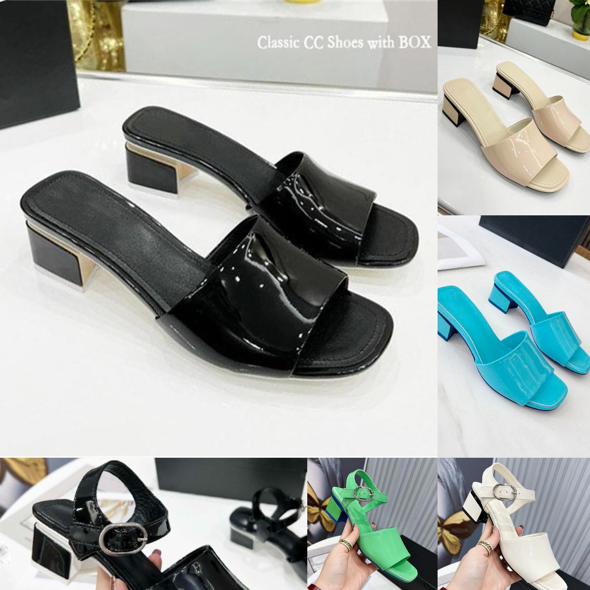 

Designer Sandals Women Med Heels Slipper Bright Leather Chunky Heel Slides Jelly Dress Shoe With Box, Black