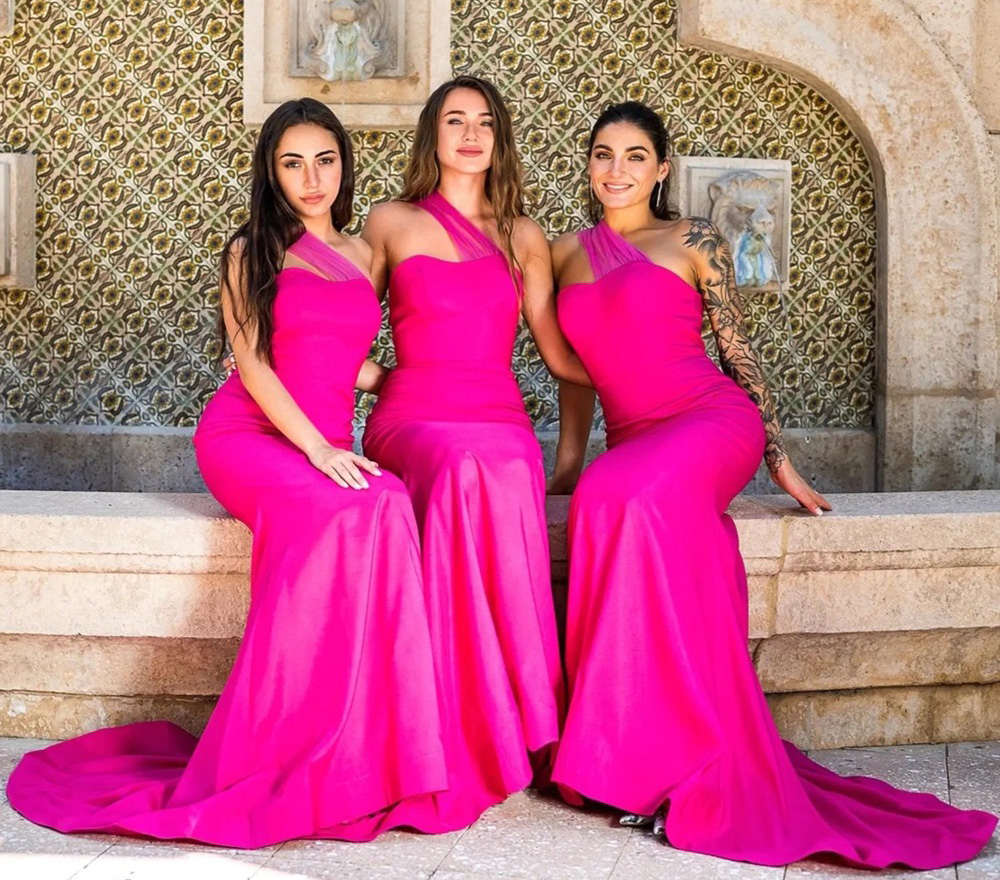 

Bridesmaid Dresses Prom Party Gown For Weddings Formal New Custom Plus Size Sleeveless Pleat Floor-Length Mermaid Trumpet One-Shoulder Elastic Satin Lace Up Zipper