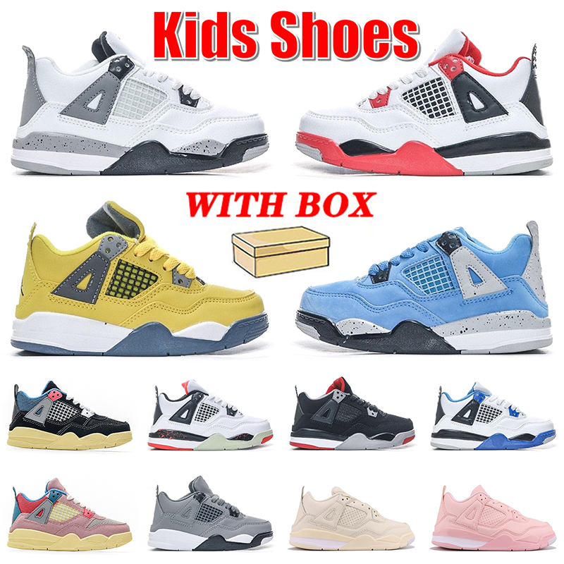 

Designer Kids Basketball Shoes Jumpman 4 4s Toddler Children Youth Boys Sneakers White Cement Fire Red University Blue Lightning Bred Sail Trainers Outdoor With Box, 8 bred