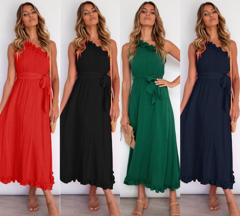 

Casual Dresses Summer Green Tunic Maxi Dress V Neck Robe Femme Belt Elegant Ruffles Party Long Spaghetti Strap Vestidos MujerCasual, Black