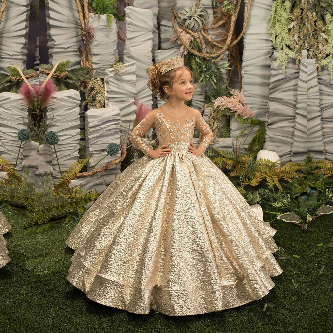 

2023 Gold Flower Girl Dress Princess Illusion Sleeve with Bow Buttons Luscious Skirt Birthday Wedding Party Kids Bridesmaid BC15260 J0315, As shown